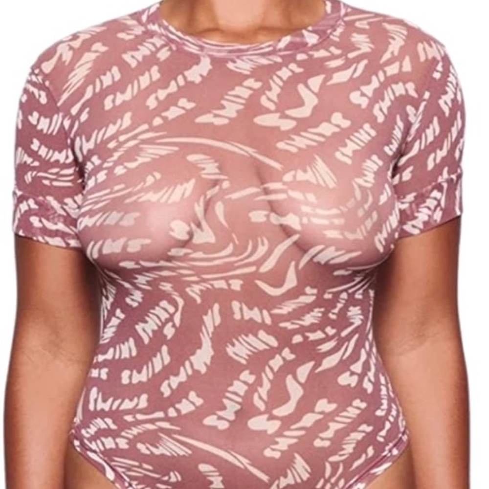 SKIMS sheer mesh thong bodysuit in raspberry swirl